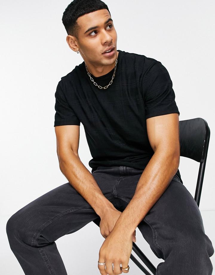 Topman Classic Fit T-shirt With Jacquard Plaid In Black