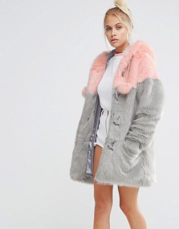 Lazy Oaf Faux Fur Duffle Coat With Pastel Panels And Pom Poms - Multi