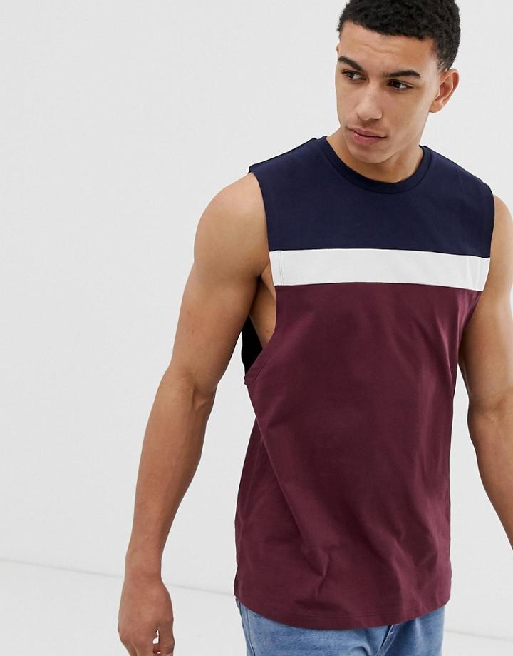 Asos Design Relaxed Sleeveless T-shirt With Dropped Armhole And Color Block In Burgundy - Red