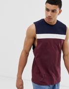 Asos Design Relaxed Sleeveless T-shirt With Dropped Armhole And Color Block In Burgundy - Red