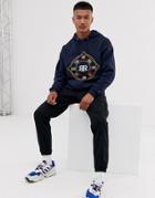 Asos Design Oversized Hoodie With Flag Embroidery Chest Print-blue