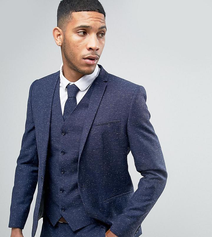 Noak Skinny Wedding Suit Jacket In Linen Nepp - Navy