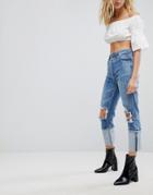 Afrm Cut Out Knee Distressed Boyfriend Jeans With Turned Up Hem - Blue
