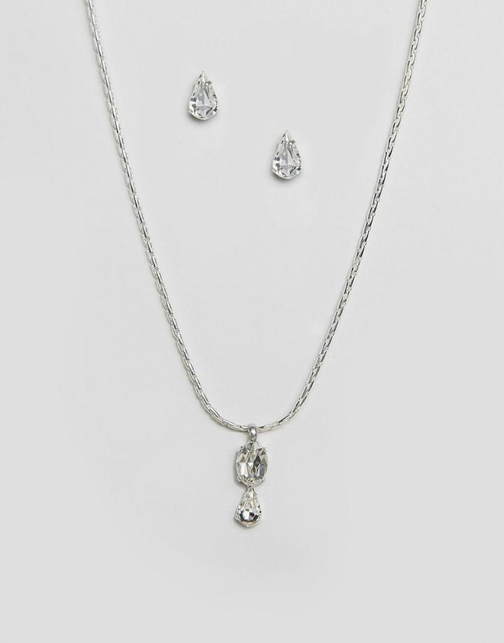 Krystal Swarovski Pear Drop Necklace And Earring Set - Silver