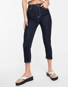 River Island Raw Denim Straight Cut Jeans In Dark Blue-blues