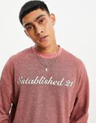 Asos Design Oversized Long Sleeve T-shirt In Red Brushed Heather With Text Print