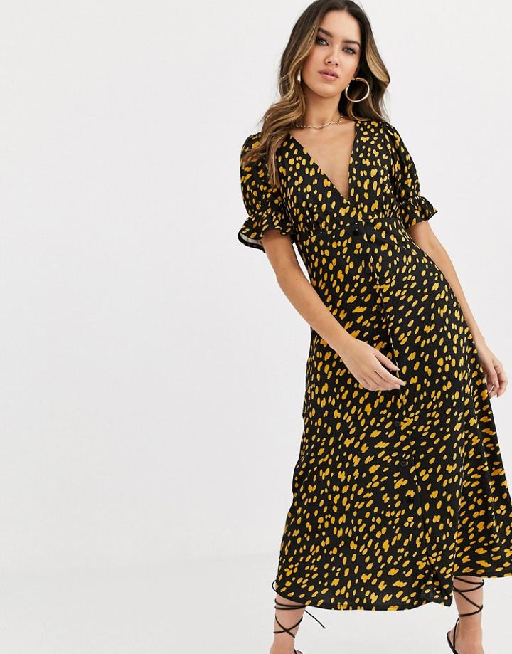 Asos Design Button Through Midi Tea Dress With Puff Sleeve In Polka Dot-multi