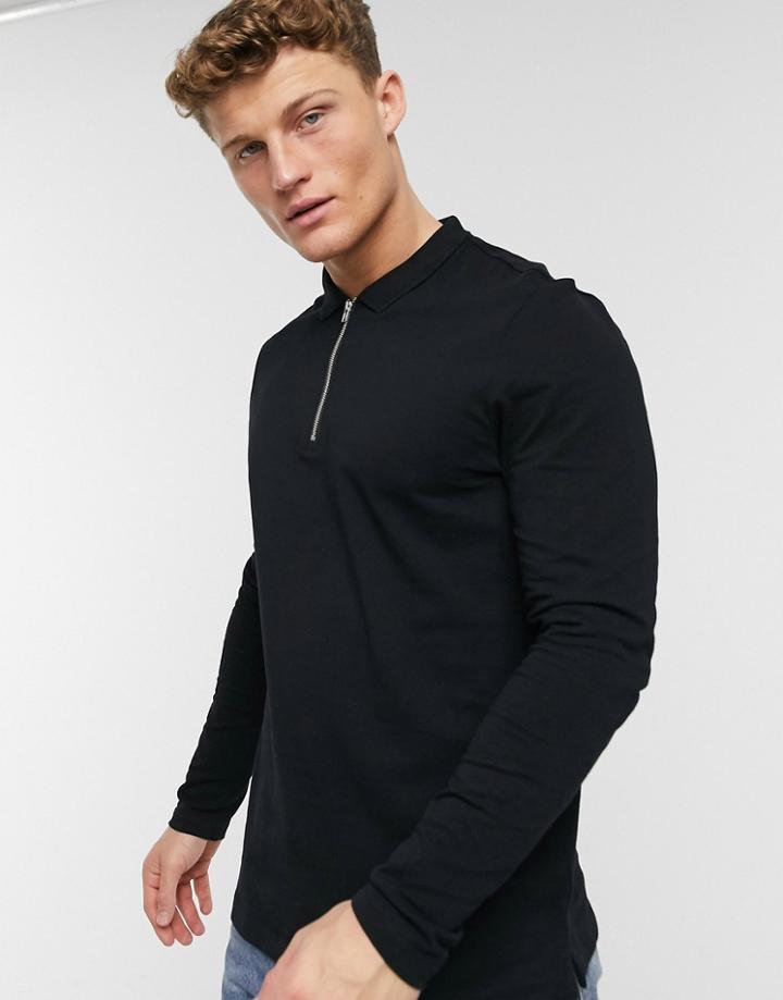 New Look Long Sleeve Polo In Pique With Zip In Black