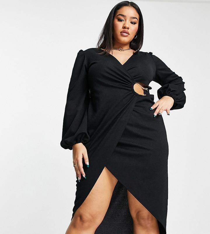 Asos Design Curve Ring Wrap Long Sleeve Midi Dress In Black