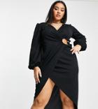 Asos Design Curve Ring Wrap Long Sleeve Midi Dress In Black