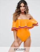 South Beach Ruffle Off The Shoulder Trim Swimsuit - Yellow