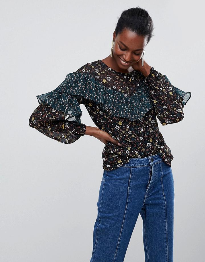 Vila Floral Ruffle Paneled Blouse - Black