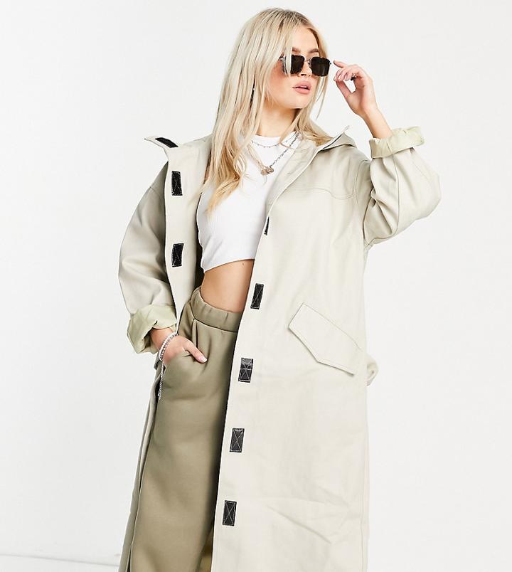 Asos Design Petite Hooded Trench Coat In Stone-neutral