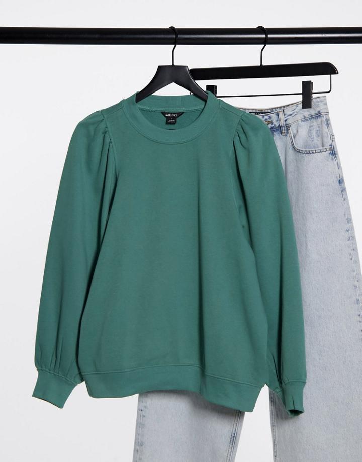Monki Maricia Organic Blend Cotton Puff Sleeve Sweat Shirt In Dusty Green