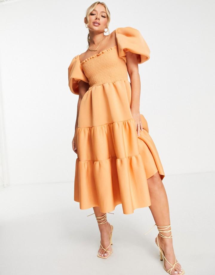 Asos Design Shirred Puff Sleeve Tiered Prom Midi Dress In Apricot-orange