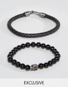 Simon Carter Leather And Onyx Beaded Bracelet Set With Antiqued Skull