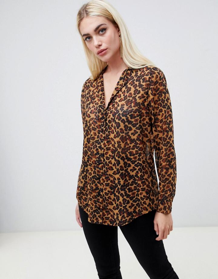 Asos Design Longline Sheer Blouse In Leopard Animal Print - Multi