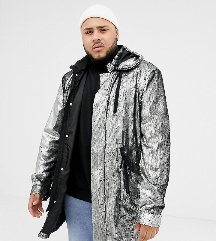 Asos Design Plus Longline Sequin Parka In Silver