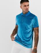 Asos Design Polo Shirt In Velour In Blue