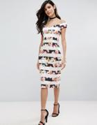 Asos Off The Shoulder Bardot Stripe & Floral Pencil Dress - Multi