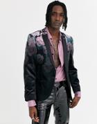Twisted Tailor Super Skinny Velvet Blazer With Fade Floral Print In Pink
