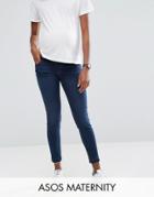 Asos Maternity Ridley Skinny Jeans In James Dark Wash With Let Down Hem With Under The Bump Waistband - Blue