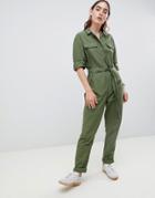 Asos Design Tie Waist Boilersuit In Washed Cotton - Green