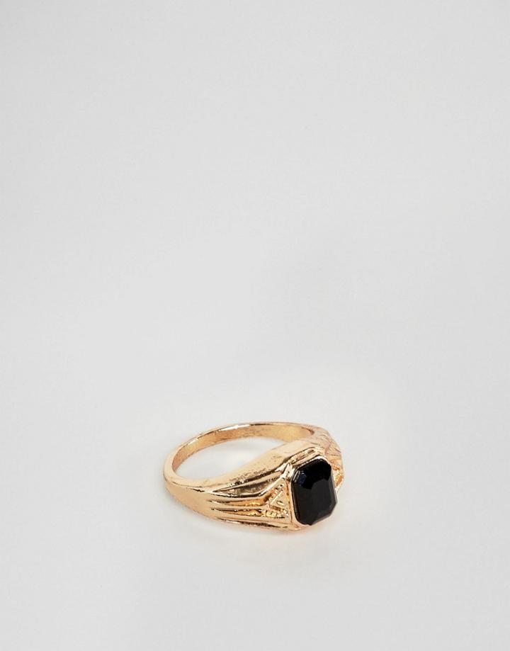 Asos Design Vintage Style Signet Ring In Gold Tone With Black Stone