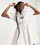 Reclaimed Vintage Inspired Mini Smock Dress With Puff Sleeves And Embroidery In White