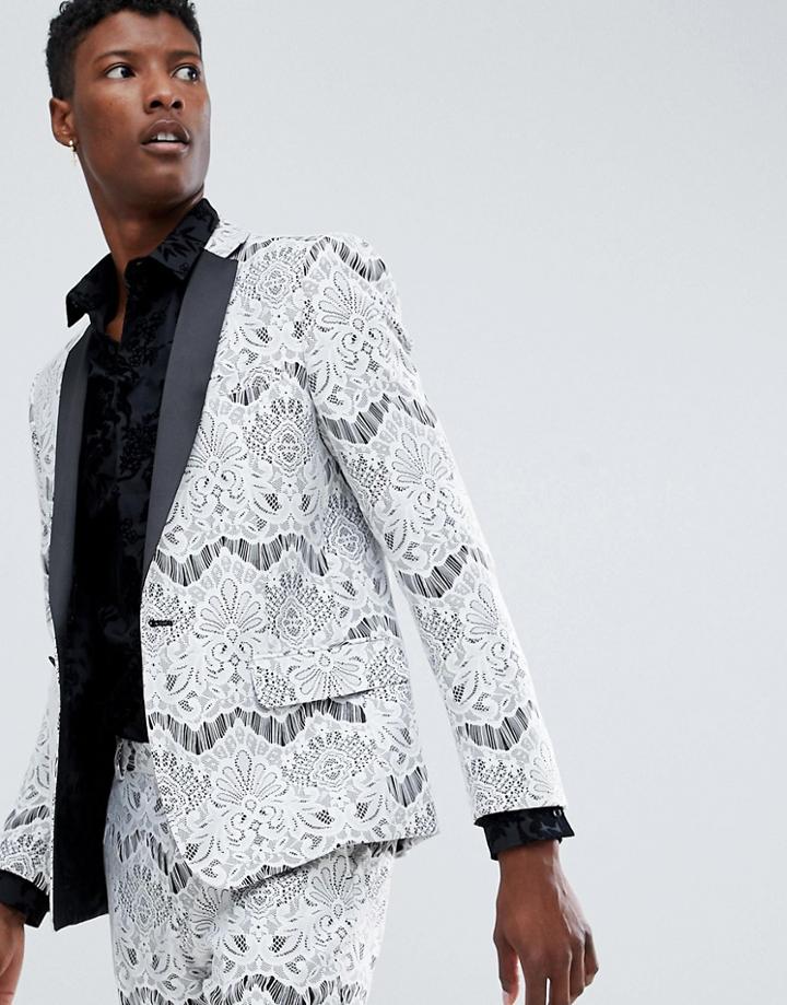Asos Edition Skinny Tuxedo Suit Jacket In White Lace - White