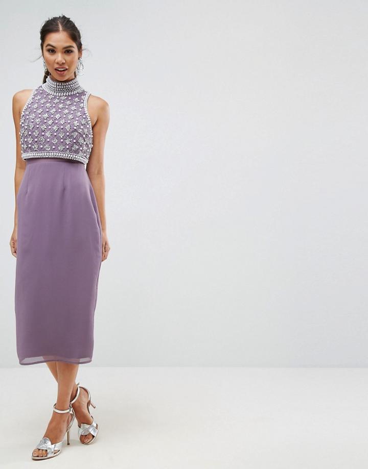 Asos Pearl Encrusted Crop Top Midi Pencil Dress - Purple