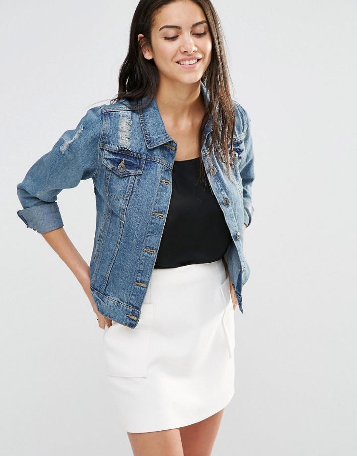 Brave Soul Denim Jacket With Frayed Edge - Mid Blue