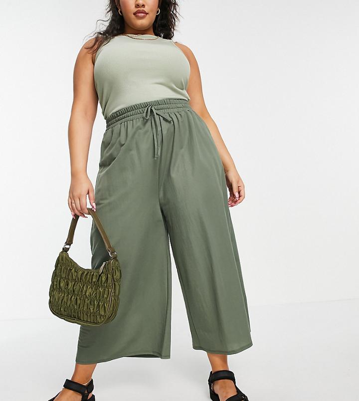 Asos Design Curve Linen Look Culotte Pants In Khaki-green