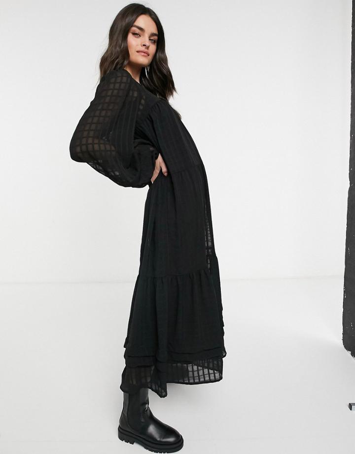 Asos Design Oversized Maxi Smock Dress In Grid Check With Pintucks In Black