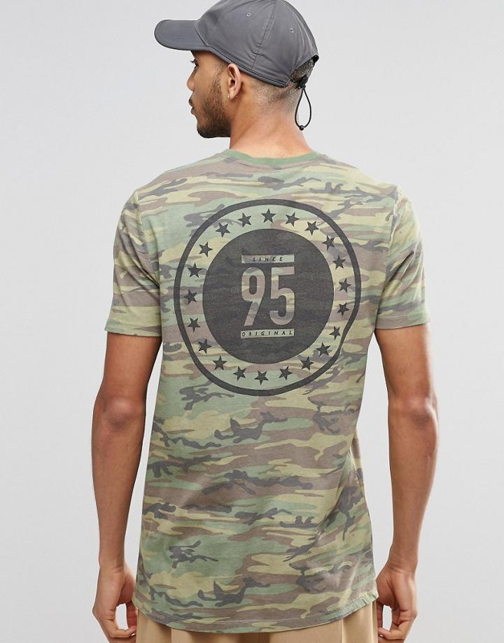 Asos Longline T-shirt In Camo With Back Print In Green - Green