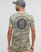 Asos Longline T-shirt In Camo With Back Print In Green - Green