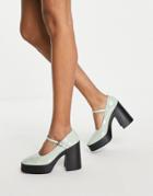 Asos Design Penny Platform Mary Jane Heeled Shoes In Sage Green