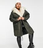 River Island Plus Faux Fur Lined Parka Jacket In Khaki-green