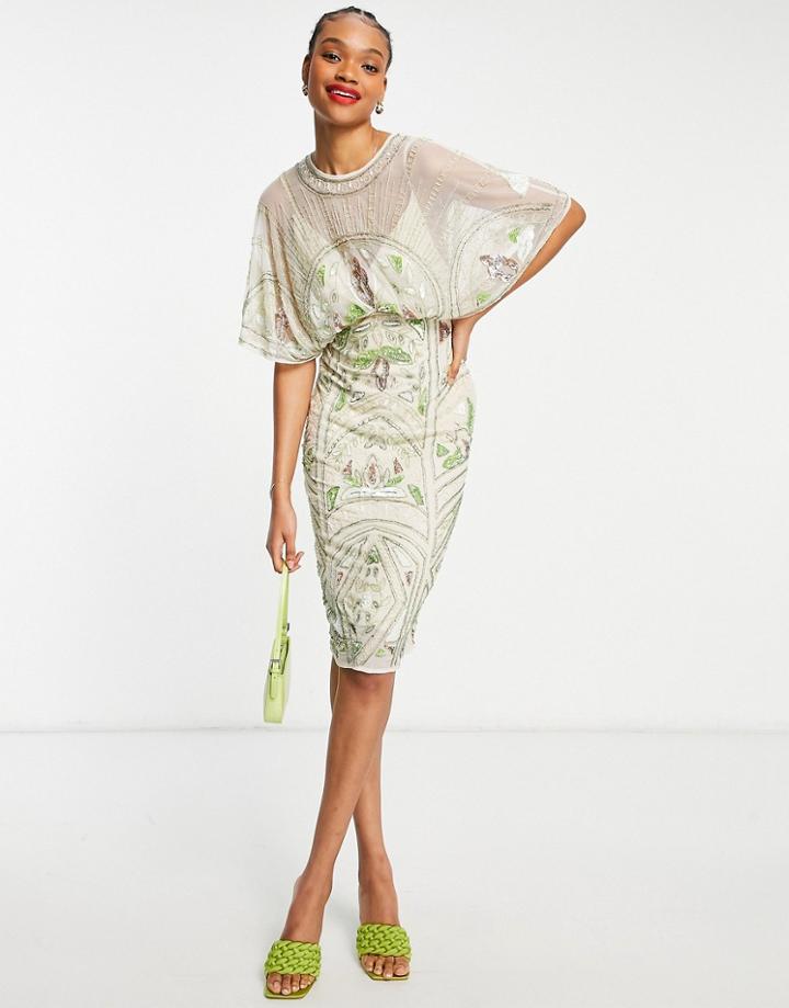 Asos Design Batwing Embellished Pencil Dress In Stone-white