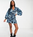 Topshop Tall Smudge Floral Mini Shirt Dress In Blue-blues