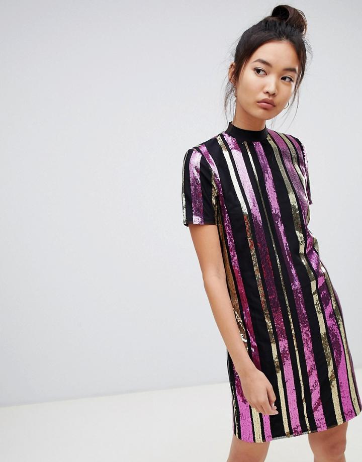 Noisy May Short Sleeve Sequin Stripe High Neck Dress-multi