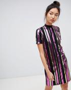Noisy May Short Sleeve Sequin Stripe High Neck Dress-multi