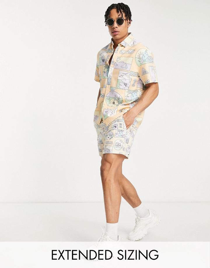 Asos Design Slim Shorts In Linen Mix Fabric With Postcard Print - Part Of A Set-pink