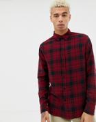 Bershka Check Shirt In Red And Black With Button Down Collar - Red