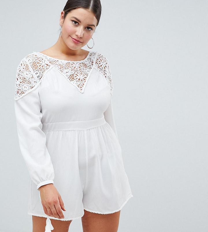 Asos Design Curve Lace Insert Romper - White