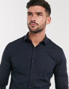 New Look Long Sleeve Muscle Fit Poplin Shirt In Navy