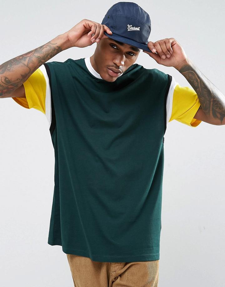 Asos Oversized Longline T-shirt With Color Blocking In Green - Green