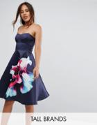 City Goddess Tall Bandeau Skater Dress With Placement Floral Print - Blue