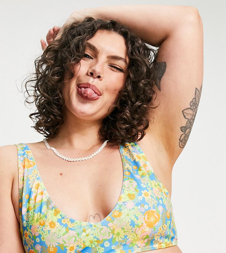 Collusion Plus Recycled Scoop Neck Bikini Top In Neon Floral Print-multi