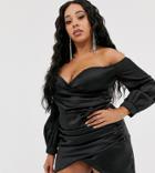 Club L London Plus Bardot Satin Ruched Mini Dress In Black